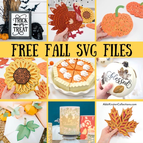 A nine-paneled graphic showing different SVG cut file Cricut or Silhouette crafts for the fall season, including lace pumpkin cutouts, a 3-D paper pumpkin pie, a "trick or treat" sign next to a black skull and Halloween tree, a paper-layered sunflower and maple lead, vinyl-decorated faux pumpkins, and cut-out paper candle wraps. Above are the words "Free Fall SVG Files."