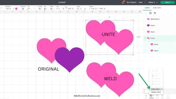 What is the difference between unite and weld in Cricut Design Space.