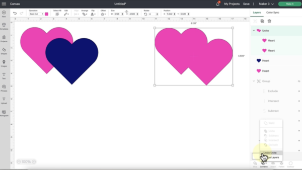 Learn how to use the Unite Tool in Design Space. The pink and blue hearts are bing combined into two pink hearts with only one outline. 