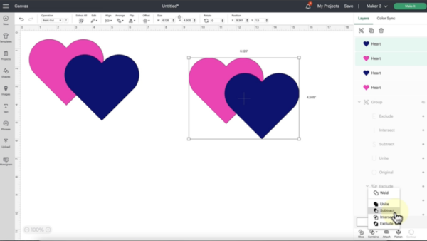 The Cricut Design Space screenshot shows how to use the subtract tool, part of the Design Space updates. There are two pink and blue two-heart designs. 