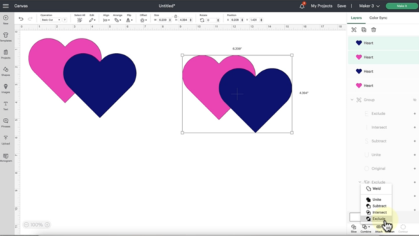 Learn how to use the Exclude tool in Cricut Design Space included in the updates. Two sets of pink and blue hearts sit on the canvas. A select square is around the pair on the right. 