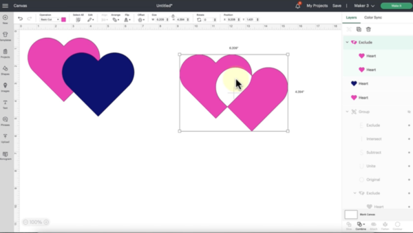 A screenshot of the canvas page of Design Space shows a set of hearts. Next to it are another pair of pink hearts with a section exlcuded and the two hearts selected by a square.  