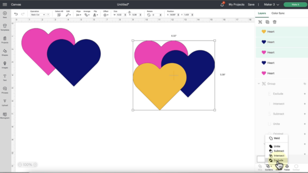 An example of the slice tool versus combine tools in Cricut Design Space. One one side of the canvas is the pink and blue heart design. Next to these two hearts are three overlapped hearts in pink, blue, and yellow.