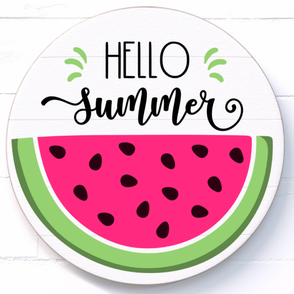 A white "hello summer" sign with a bright half-watermelon design made with vinyl and a Cricut machine.