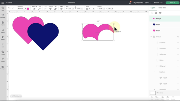 Cricut Design Space updates include functions like taking this two heart design and erasing parts of it in a new image. 