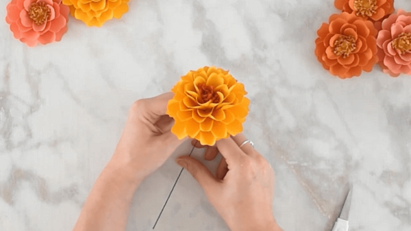 Yellow and orange marigold paper flowers for Day of the Dead. 