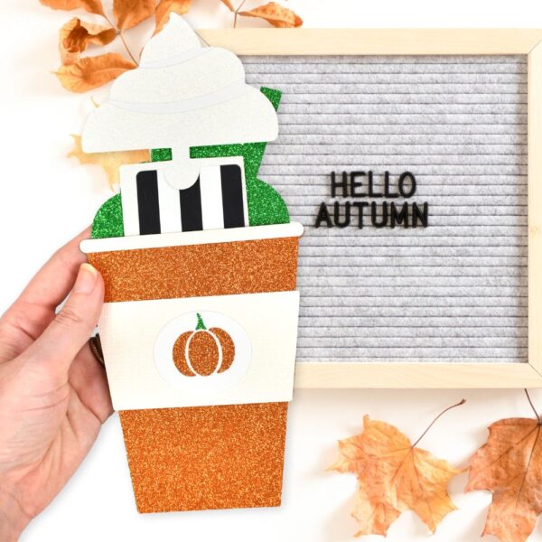 Pumpkin spice latte with whip cream gift card holder made using a Cricut machine. Download the free SVG cut files.