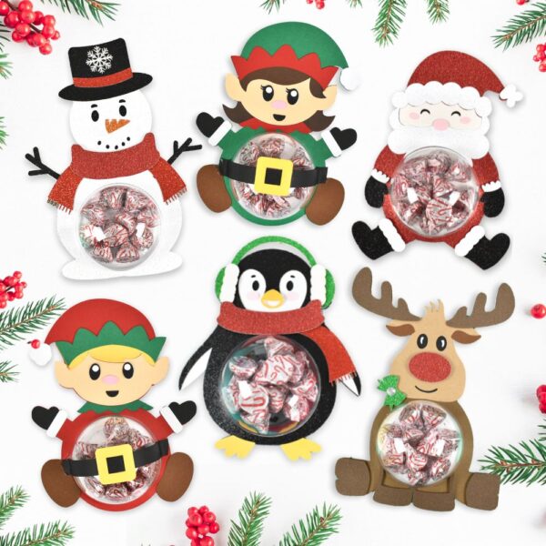 Christmas candy holder characters including a snowman, santa claus, elves, reindeer and penguin.