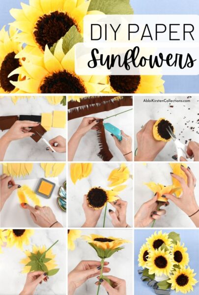 A graphic of the instructional pictures used to illustrate the steps needed to make crepe paper sunflowers. The text reads "DIY paper sunflowers."