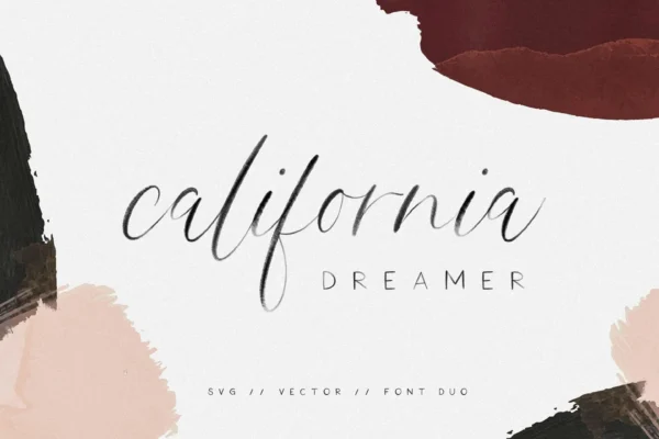 Black text on a white, brown, and peach background. It says "California dreamer" a font used in Cricut projects. 