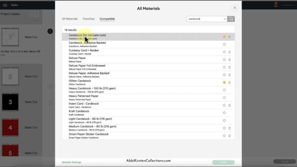 Choosing cardstock for intricate cuts material setting in Design Space. 