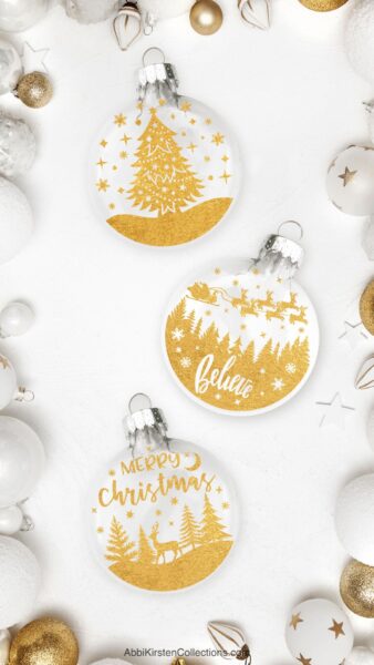 The image shows a set of 3 gold floating Christmas ornaments on a white background. 