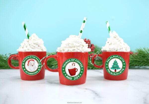 Christmas coffee sticker labels on mini coffee mug ornaments. 