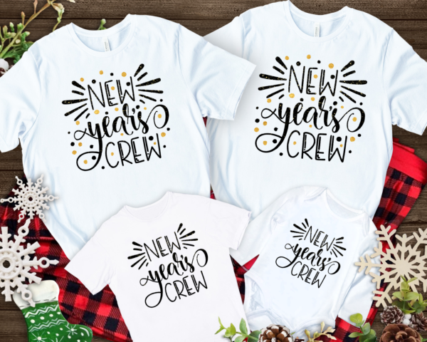 Make easy and cute matching new years shirts for the whole family with this free New Year's Crew SVG cut file for Cricut and Silhouette. Image shows a set of 4 family shirts with the phrase New Year's Crew on the front. 