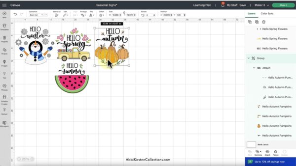 A screenshot of all four seasonal SVG files in the main window of Cricut Design Space. 