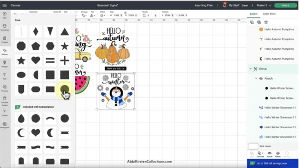 A screenshot of the canvas page of Design Space with all four seasonal signs and an open window menu of shapes. 