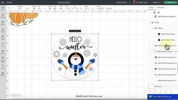 The image shows how to use Guides in Cricut Design Space on the "hello winter" seasonal sign design. 