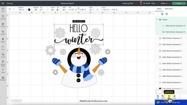 The image of a snowman and the words "hello winter" in Design Space shows how to select specific objects to use with the Attach Tool. 