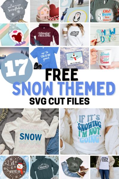 The images shows a collage of 17+ Free Winter And Snow SVG Files. 