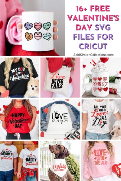A collage of Valentine's day crafts like T-shirts, mugs, a dog bandana and a canvas bag that can be made with SVG cut files. 
