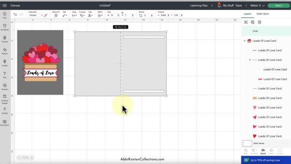 A screenshot of a design canvas and an open right-side menu. A Valentine's Day graphic is on the canvas, demonstrating how to add a score line to your Valentine's Day card in Cricut Design Space. 