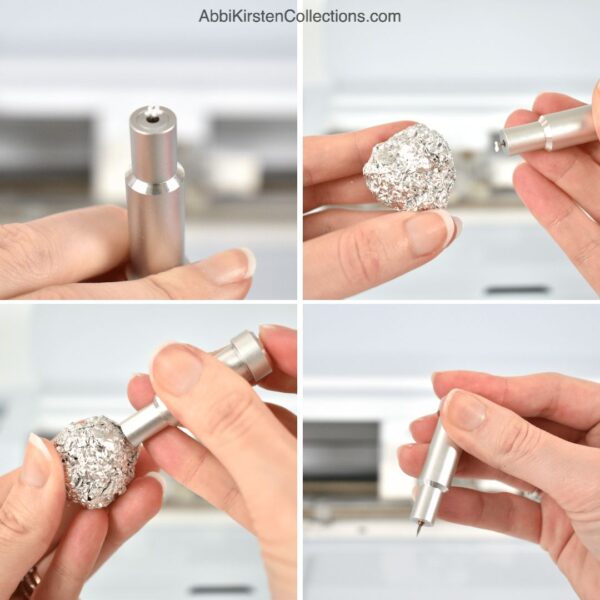 The image shows a collage with steps on how to clean a Cricut fine-point blade with a ball of tin foil