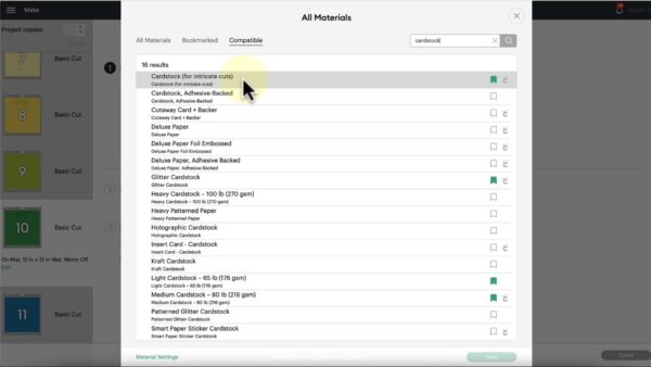 The images shows the material screen in Cricut Design Space with all the cardstock for Cricut paper options