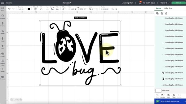 The images shows Cricut Design Space with a Love Bug SVG file