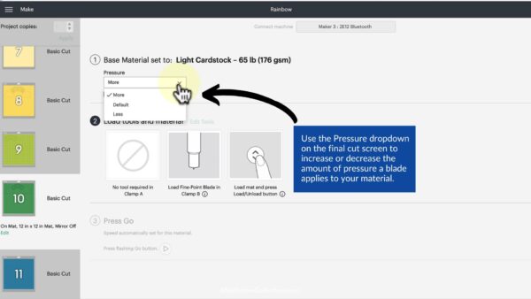 The image shows Cricut Design Space and how to adjust the pressure setting when cutting cardstock with Cricut. 