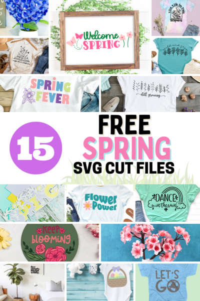 The image shows 15 free SVG cut files for springtime including paper flowers, paper crafts and easter designs. 