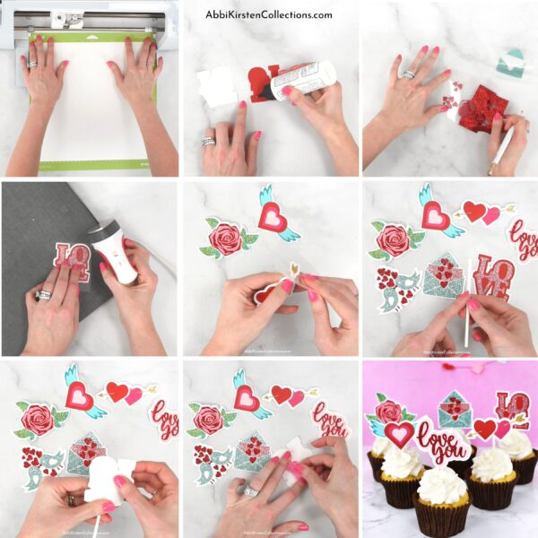 A nine-picture collage of Abbi Kirsten demonstrating the steps used to make DIY Valentine's Day cupcake toppers with Cricut.