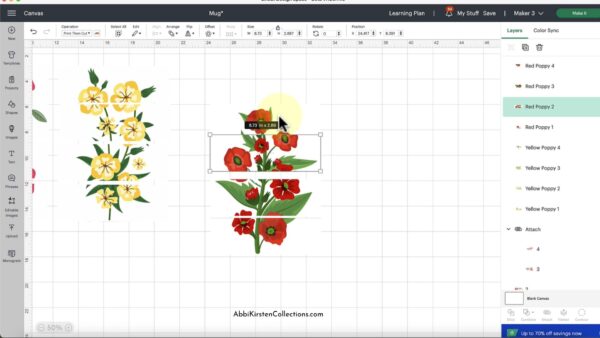 The image shows two sublimation flower designs in Design Space. They are selected and scaled. 