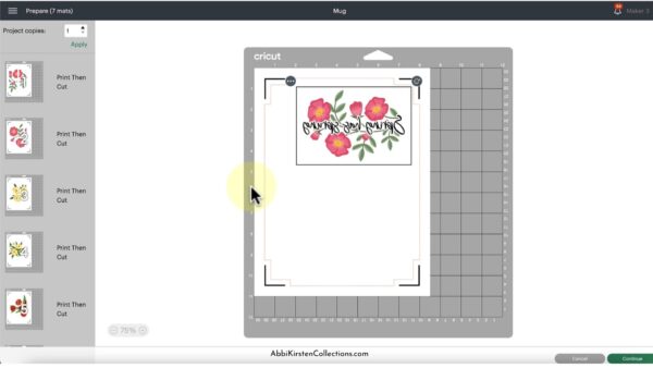 A screenshot of the Make It page in Design Space. The flower design is automatically mirrored and ready to be printed for the Print Then Cut process. The backward text on the design says, “Spring has sprung.” 
