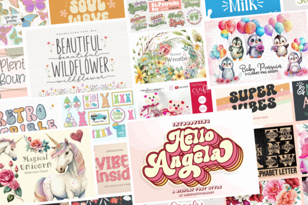Graphics and fonts in all colors and sizes fill the frame. A unicorn graphic and the text "Hello Angela" are visible. All of these materials are available at Creative Fabrica.