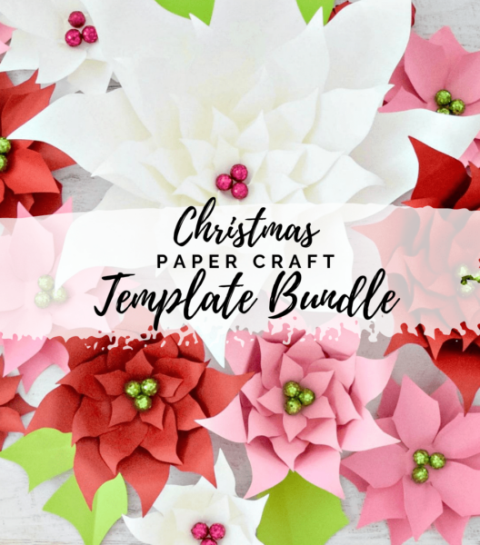A cheery collage of paper flower pictures featuring red, pink, and white poinsettias. The words over the picture say, "Christmas Paper Craft Bundle."