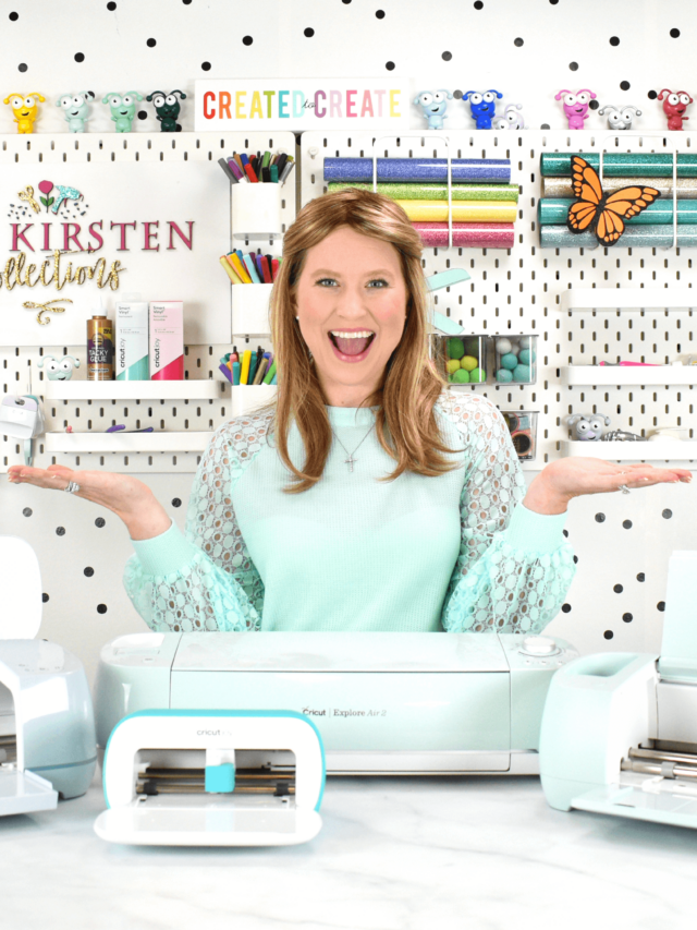 Abbi Kirsten in front of Cricut machines.