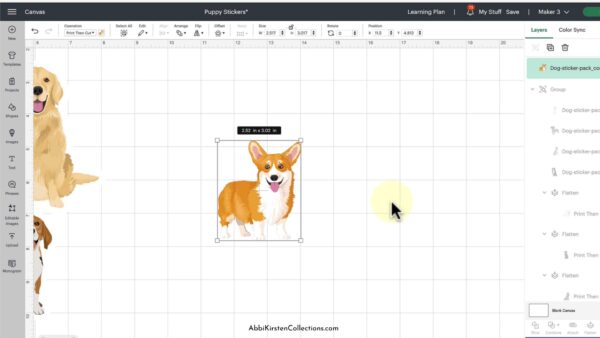 The image shows a corgi dog sticker in Cricut design space.