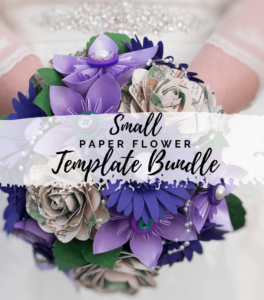 A close-up of a bride's hands holding a beautiful purple and blue paper flower bouquet. The words over the photo read, "Small Paper Flower Template Bundle."