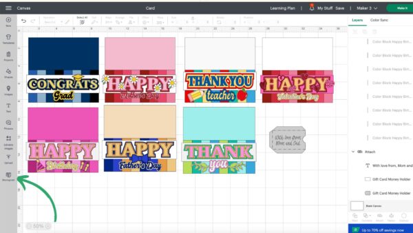 The image shows handmade card SVG templates in design space. 