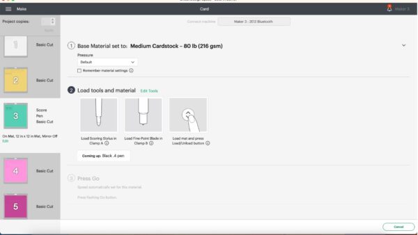 The layers that will be cut out on a Cricut machine are shown in this Design Space window, where you can choose your material type and knife pressure. 