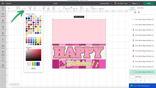 The image shows how to change the color of templates in Design Space. A green arrow points to the color swatch menu. The card on the canvas reads, "Happy Birthday."