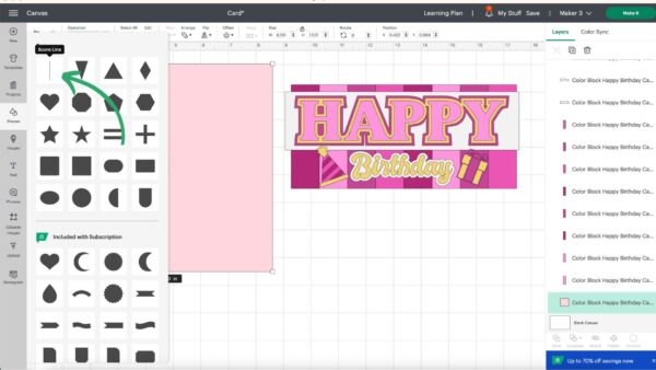 The "happy birthday' card is open on the canvas in Design Space. The shapes menu is open and an arrow points to the line shape which will be used to create score lines. 