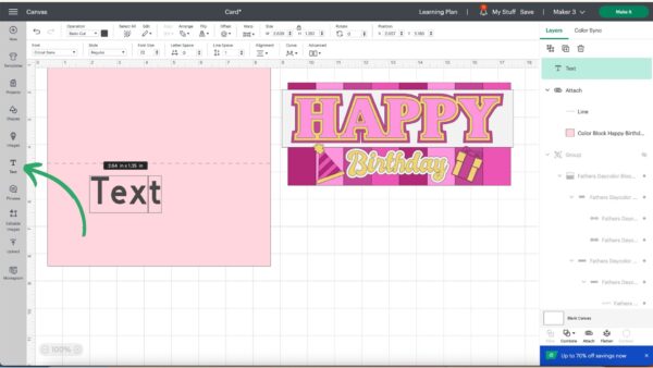 A picture demonstration showing a birthday card template in Design Space and how to add text to the inside of the card. 