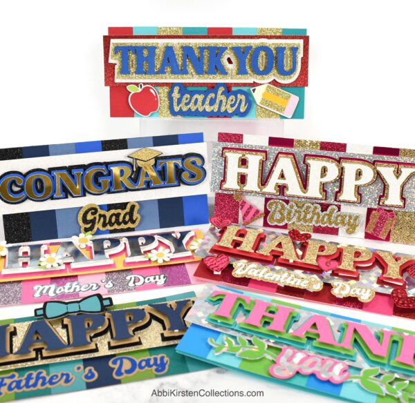 The image shows several greeting cards for all occasions.The tutorial teaches how to make Cricut cards for beginners