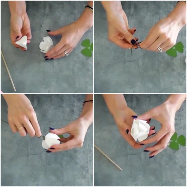 A collage of four images show a woman's hand as she creates a paper tulip flower with white paper, adds a step using floral wire, and curls the petals.