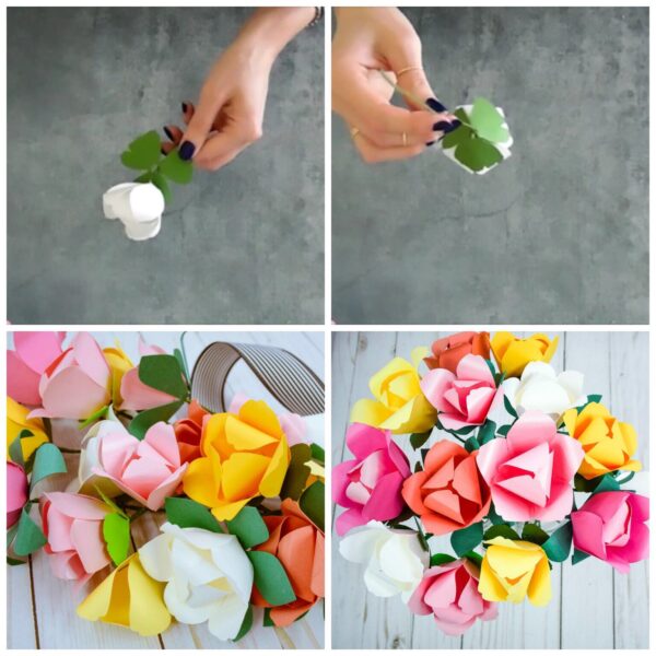 A collage of four images; the top two images show a single white paper tulip, complete with a stem and leaves. The bottom two images show a colorful bouquet of paper tulips made with pink, yellow, coral, and white flowers.