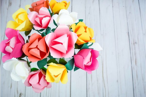 A bouquet of colorful paper tulips.