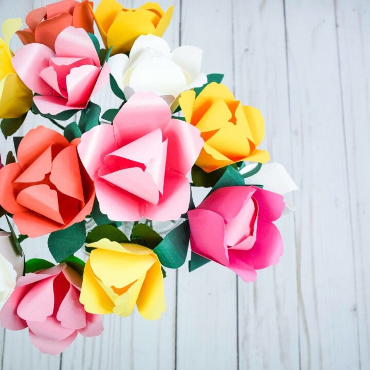 A bouquet of colorful paper tulips.