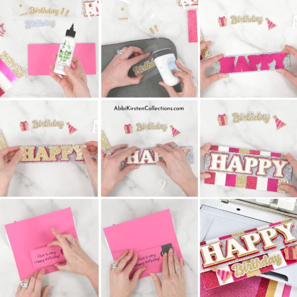 A nine-panelled graphic shows a pink and gold happy birthday card being assembled step-by-step and made using a Cricut cutting machine. 