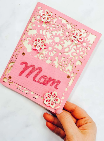 The image shows a pink mothers day card with a free SVG file